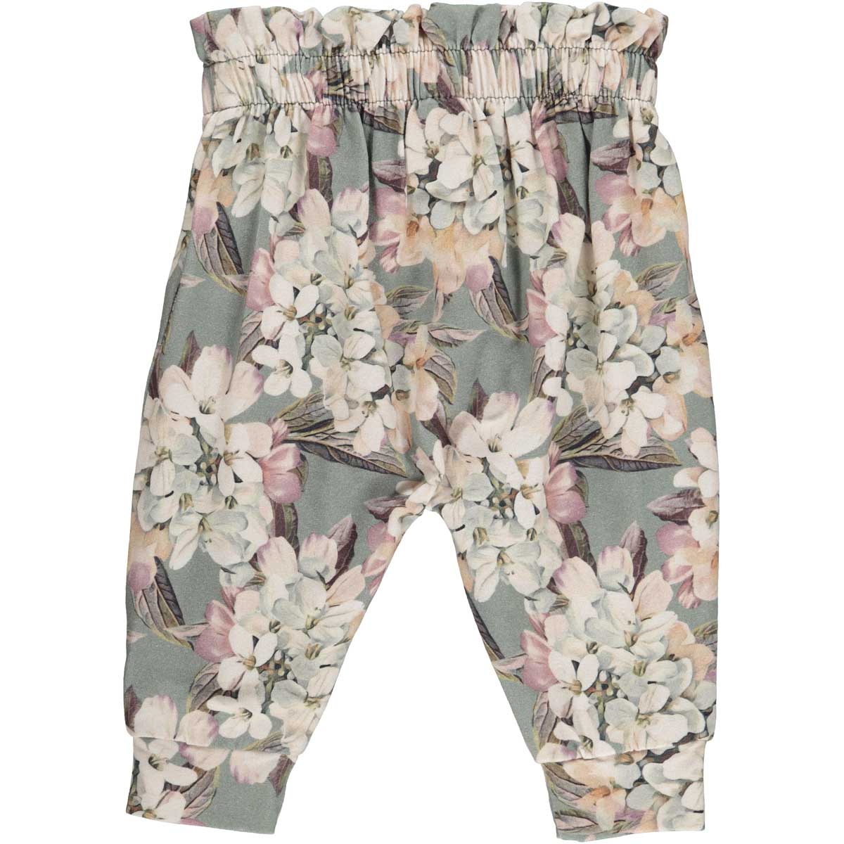Müsli Hydrangeas waist pants baby, Buttercream Green Cotton - HellyK - Kvaliteetsed lasteriided, villariided, barefoot jalatsid